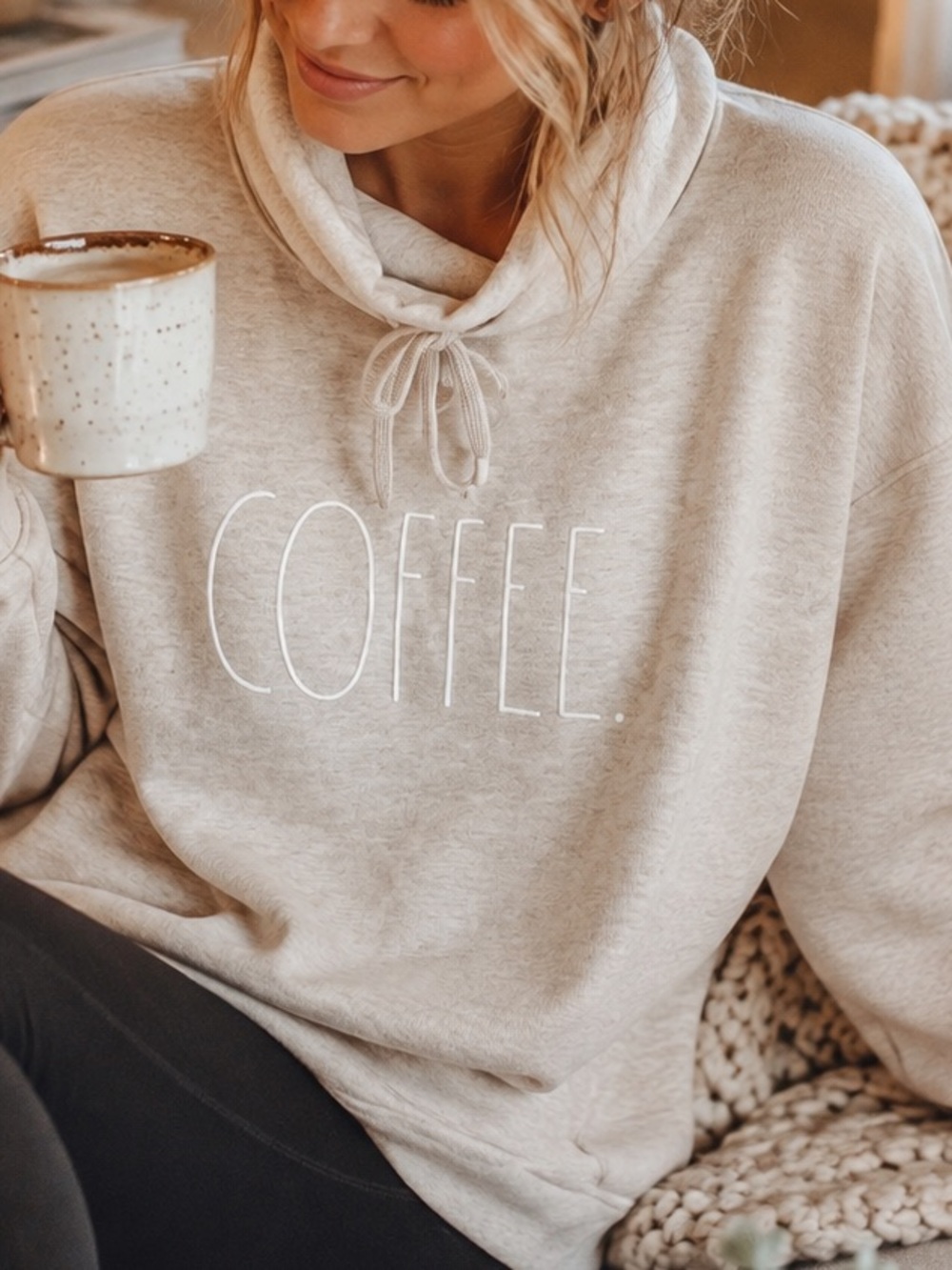Rae Dunn COFFEE Cowl Neck Sweatshirt Oatmeal XS